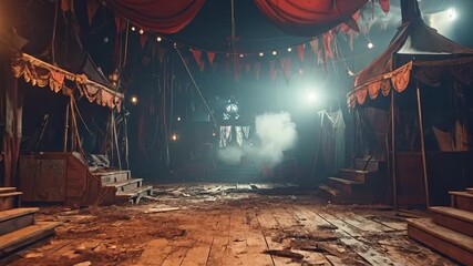 Atmospheric circus tent interior at night with smoke and dramatic lighting