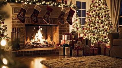 Cozy christmas scene with flickering fireplace and decorated tree. capturing the warmth and joy of holiday evenings. - Powered by Adobe