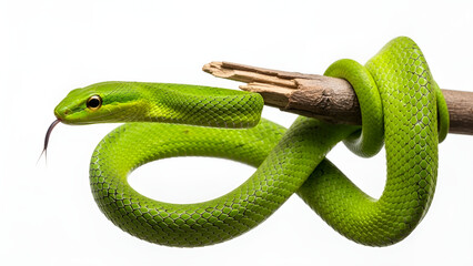 Obraz premium A green vine snake coiled around a wooden branch on a white background, showing sharp scale details and vivid color.