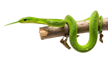 Naklejka premium A green vine snake coiled around a wooden branch on a white background, showing sharp scale details and vivid color.