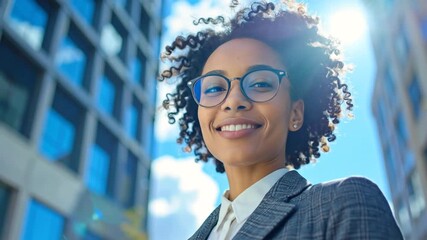 Portrait of a confident young professional African American businesswoman smiling outdoors in a modern city, embodying success and ambition