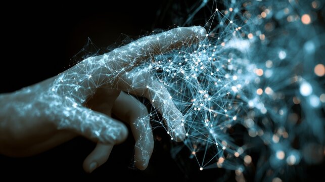 Digital Hand Reaching towards a Network of Light Connections in a Futuristic Virtual Environment