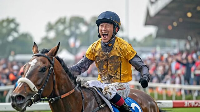 A triumphant jockey experiences the pure elation of victory after crossing the finish line in a challenging horse race
