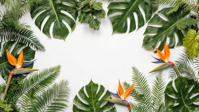 Tropical Paradise: Monstera Leaves, Ferns, and Bird of Paradise Flowers on White