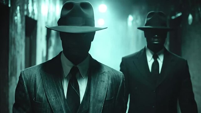 Two shadowy figures in suits and fedoras walk through a dimly lit corridor, evoking a classic film noir mystery