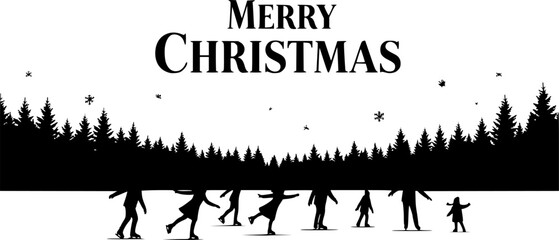 Merry christmas greeting with silhouette of people ice skating on a frozen lake surrounded by winter forest trees
