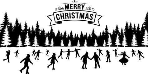 Merry christmas greeting with silhouette of people ice skating on a frozen lake surrounded by winter forest trees