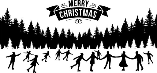 Merry christmas greeting with silhouette of people ice skating on a frozen lake surrounded by winter forest trees