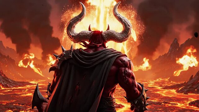 A fiery demon lord emerges from a volcanic landscape, surrounded by flying debris and flowing lava. this scene embodies power, chaos, and the essence of mythical fantasy.