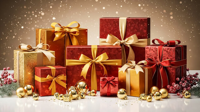 Elegant christmas presents with gold ribbons and ornaments on a festive background on transparent background