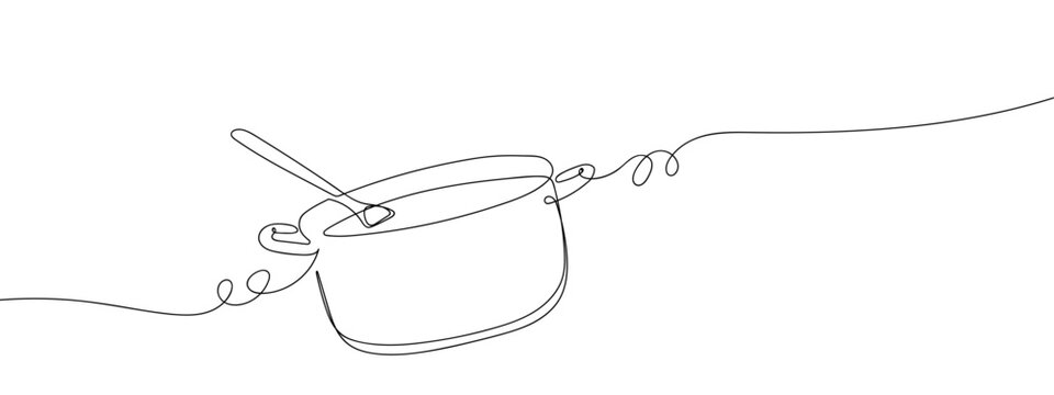 Cooking pot and spoon in one continuous line single line art style vector illustration. Editable stroke.