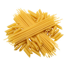 An assortment of uncooked dry pasta, featuring spaghetti and penne, isolated on a white background.