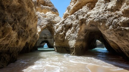 Natural Rock Formations with Sea Caves and Clear Water at Beach