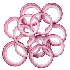 Vibrant purple-red thinly sliced red onion rings, fresh and raw, piled together on a clean white background, ready for culinary use.