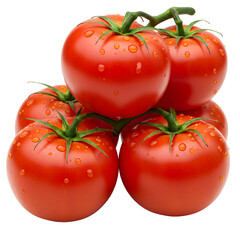 A close-up studio shot of a pile of ripe, red tomatoes glistening with water droplets.