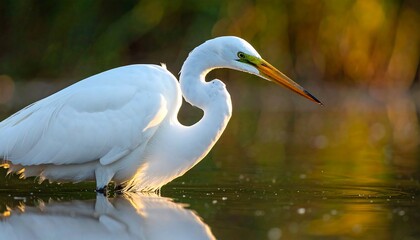 Snowy white bird in water; vibrant golden sunlight