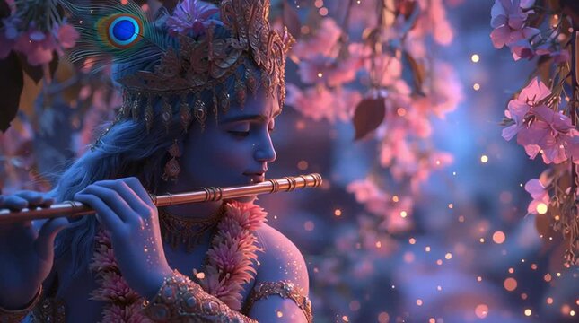 Divine close-up of Lord Krishna playing the flute under a Kadamba tree in Vrindavan, adorned with peacock feathers and fresh flowers. A magical pink-blue twilight atmosphere. Ideal for spiritual art.