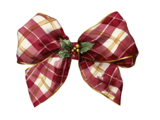 Watercolor Christmas holiday bow, burgundy and white plaid pattern, decorated with holly berries - festive design