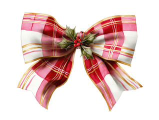 Watercolor Christmas holiday bow, red and white plaid pattern, decorated with holly berries - festive design
