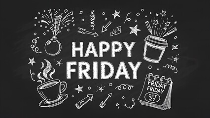 Chalkboard Style Happy Friday Doodle with Coffee and Calendar Elements