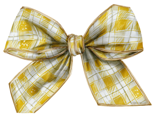 Watercolor Christmas holiday bow, yellow and white plaid pattern