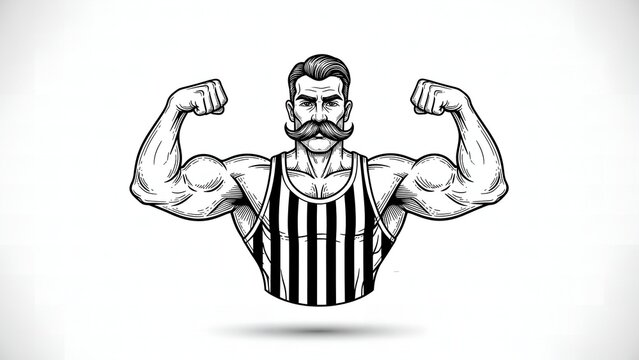 Detailed Line Art Strongman with Stripped Singlet and Mustache Illustration