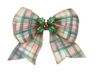 Watercolor Christmas holiday bow, pink and green plaid pattern, decorated with holly berries - festive design