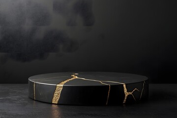 Black background with a single round podium for minimalist product staging.

