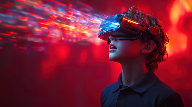 Colorful VR concept teenager boy headset surrounded by vivid neon swirls on red background, representing immersive imagination and virtual worlds.