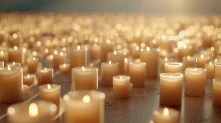 A multitude of lit candles arranged closely together. Candle background.