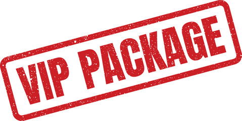 Red rectangular grunge texture rubber stamp displaying VIP PACKAGE text for a premium service offering
