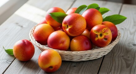 Wicker basket holding sweet ripe nectarines isolated against a neutral gray background for fruit market concepts