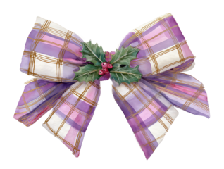 Watercolor Christmas holiday bow, purple and white plaid pattern, decorated with holly berries - festive design