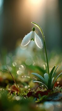 Close-up of a white snowdrop flower with dew drops in the morning sun. Symbol of early spring, hope, rebirth, and the Imbolc festival.