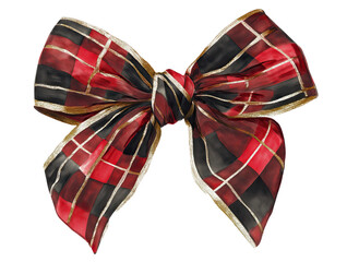 Watercolor Christmas holiday bow, red and black plaid pattern