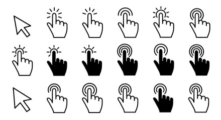 A collection of computer cursor and hand click icons in various styles, including vector and png formats, ideal for web design and user interface applications, showcasing digital interaction.