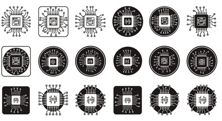 Obraz premium A comprehensive collection of modern vector microchip and CPU icons, presented in various black and white styles, perfect for technology and digital design projects.