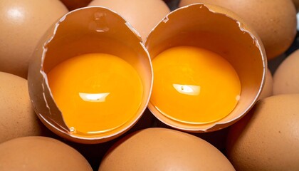 Split egg reveals vibrant yolk, nestled among other whole brown eggs