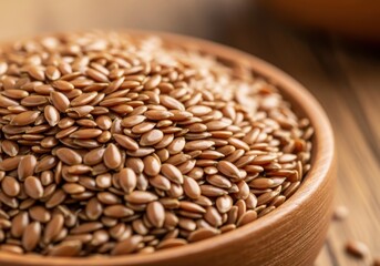 Bowl of nutritious dried flax seeds with selective focus highlighting texture and healthy oil content