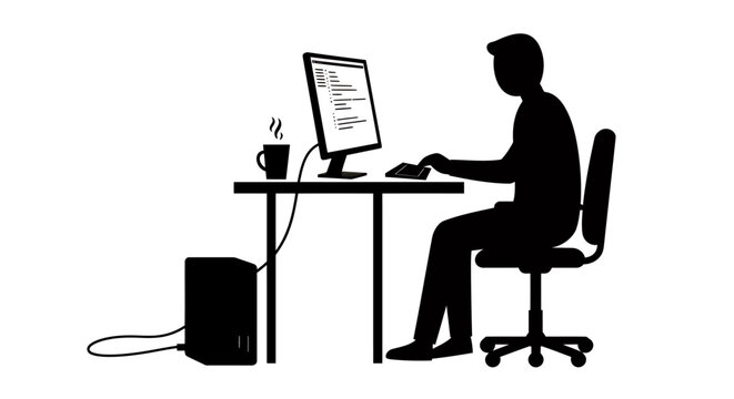A silhouette of a person working on a computer at a desk, with a cup of coffee nearby, representing technology and productivity in a modern office environment.