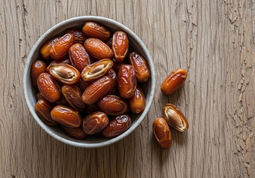 Overhead view of a bowl filled with juicy dates placed on a textured aged wooden table