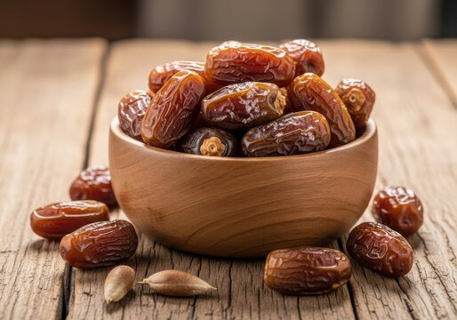 Bowl of sweet juicy dates resting on an aged wooden table representing healthy natural snacks