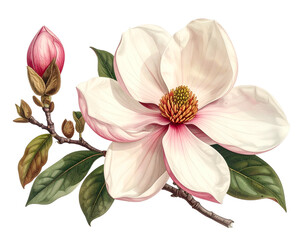 Detailed botanical illustration of a white flower with a pink bud