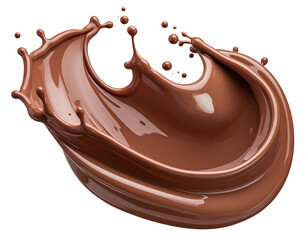 Dynamic liquid chocolate splash with flying droplets on black