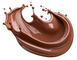 Dynamic liquid chocolate splash with flying droplets on black