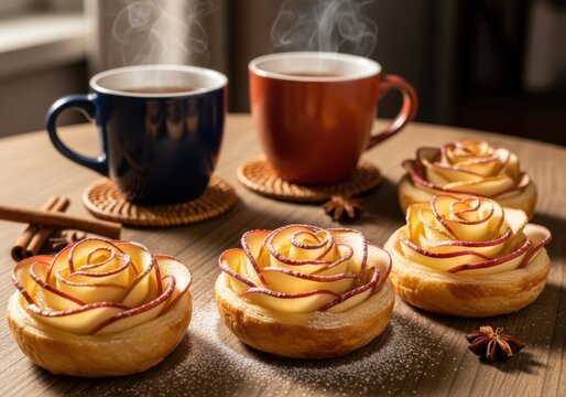 Baked apple rose puff pastries served on a table accompanied by mugs of hot tea