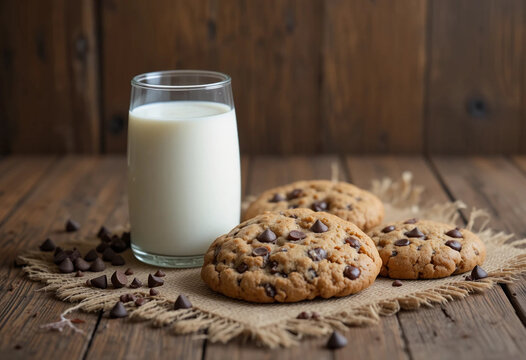 Chocolate chip cookies with milk on burlap and rustic wooden table.