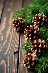 Decorated pine cones, aged wooden surface, holiday setting, table, autumn, image