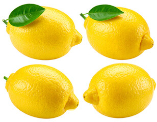 Four bright yellow lemons with green leaves on a plain black backdrop