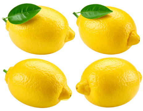 Four bright yellow lemons with green leaves on a plain black backdrop